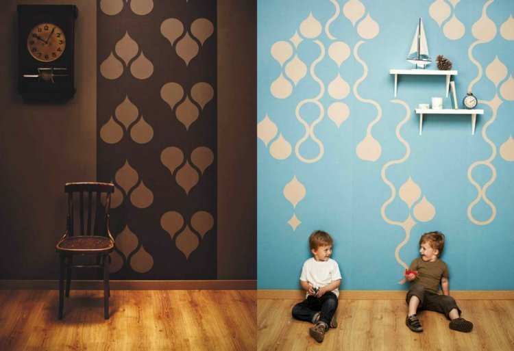 Relógio moderno de parede de parede azul-marrom de papel de parede de madeira-chão-cadeira-parede