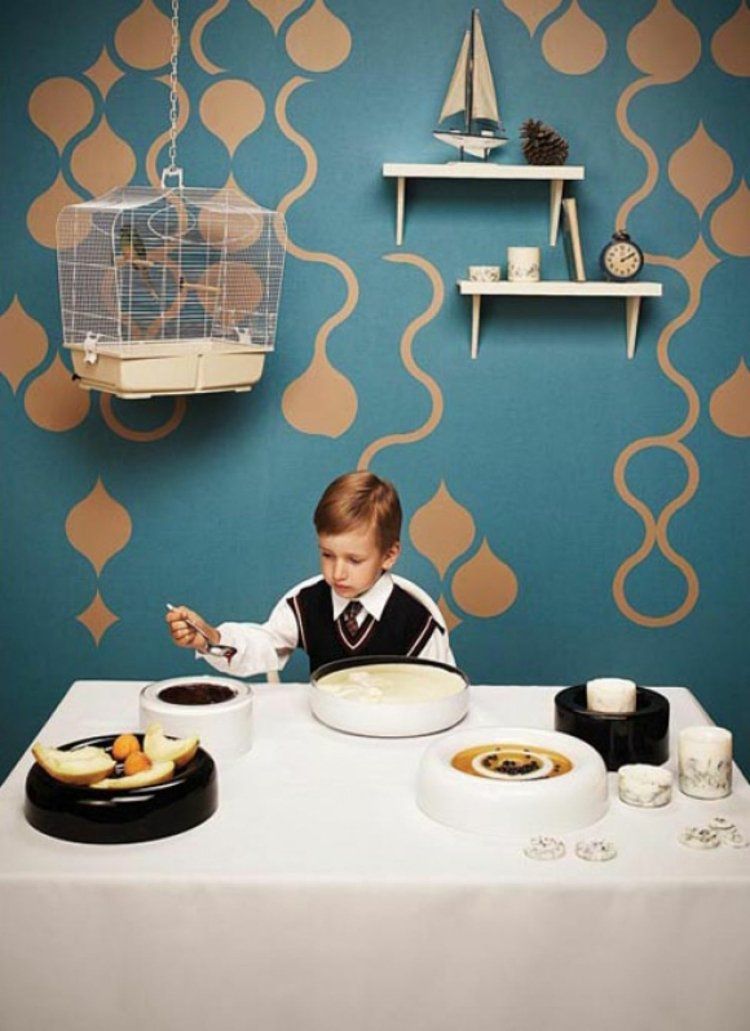 moderno-papel de parede-sala de jantar-azul-bege-personalizado