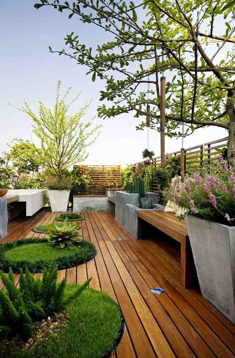 moderno-terraço-ideias-redondo-recortes-grama-deck-madeira-concreto-plantador
