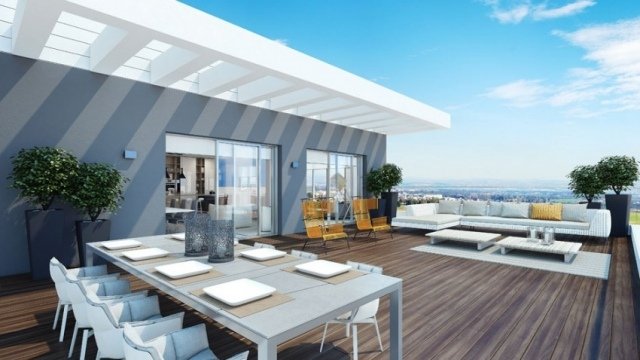 terraço na cobertura - piso de madeira - área de jantar - visualização do lounge