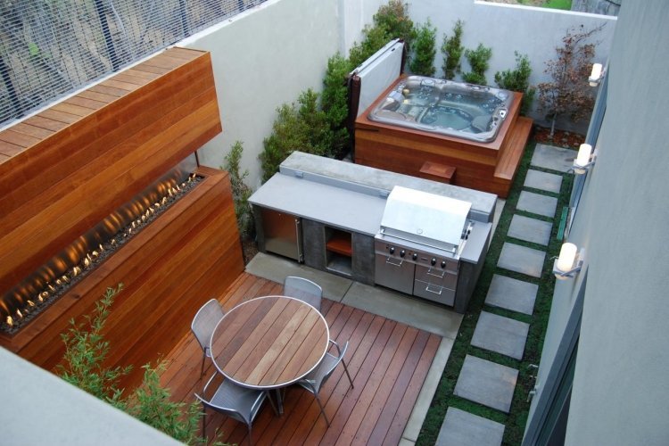 terraço-design-fotos-estreito-quarto-madeira-lareira a gás-ao ar livre-cozinha-hidromassagem