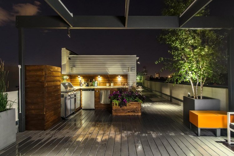 terraço design-exterior-cozinha-iluminação-madeira-tábua de chão-cinza