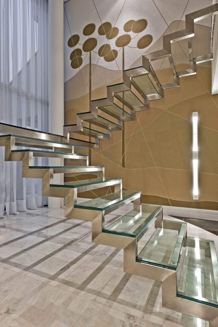 Escada de plataforma, degraus de vidro, longarinas de escada, aço inoxidável