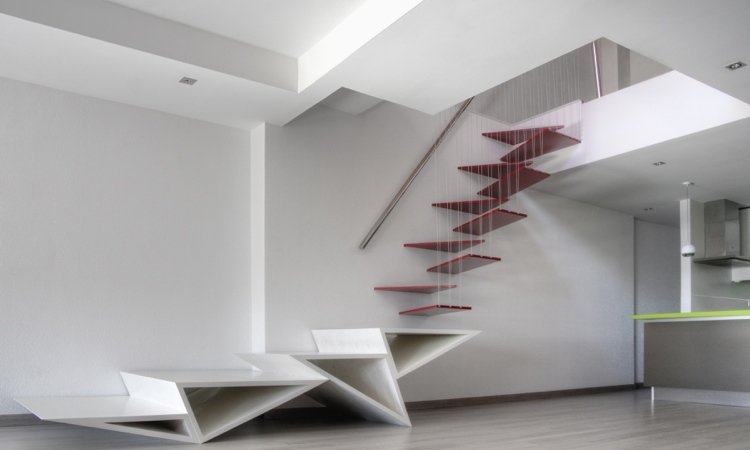degraus de escada vermelhos flutuando com desenho geométrico moderno