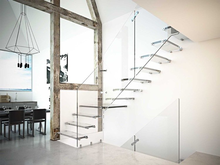 escadas flutuantes grades de vidro dobradiças visíveis