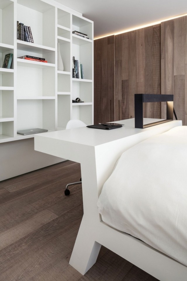 apartamento moderno mesa quarto design prateleira de parede branca