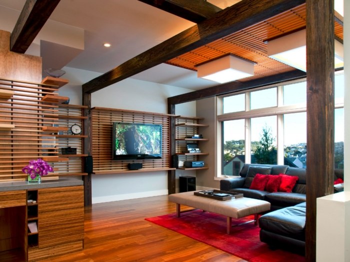 Unidade de parede funcional-madeira-prateleiras-espaço-para-a-televisão