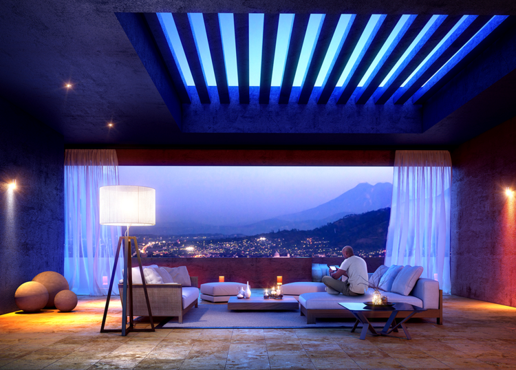 luz de néon moderna da sala de estar, luminária de chão, cortinas de carpete