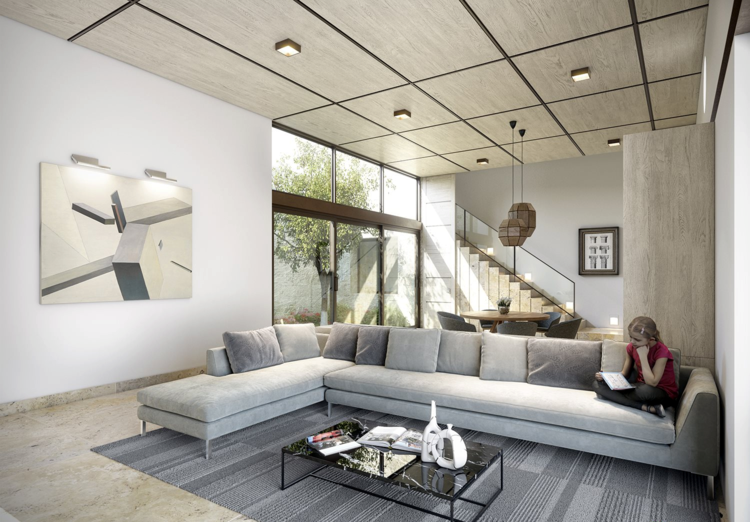 sala de estar moderno canto sofá jogar travesseiros escada mesa de centro tapete