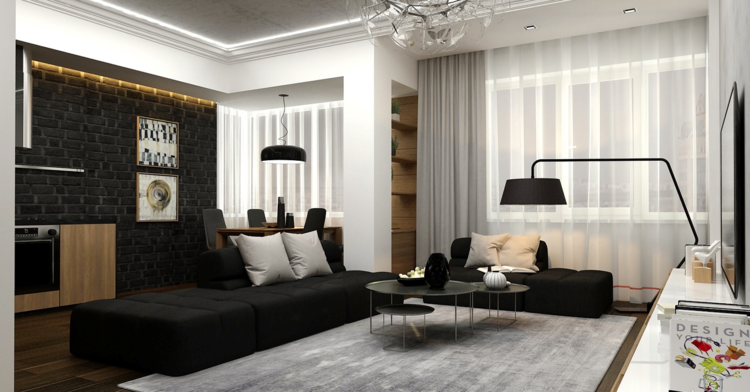 sala de estar moderna sofá branco preto carpete luminária de chão cinza papel de parede
