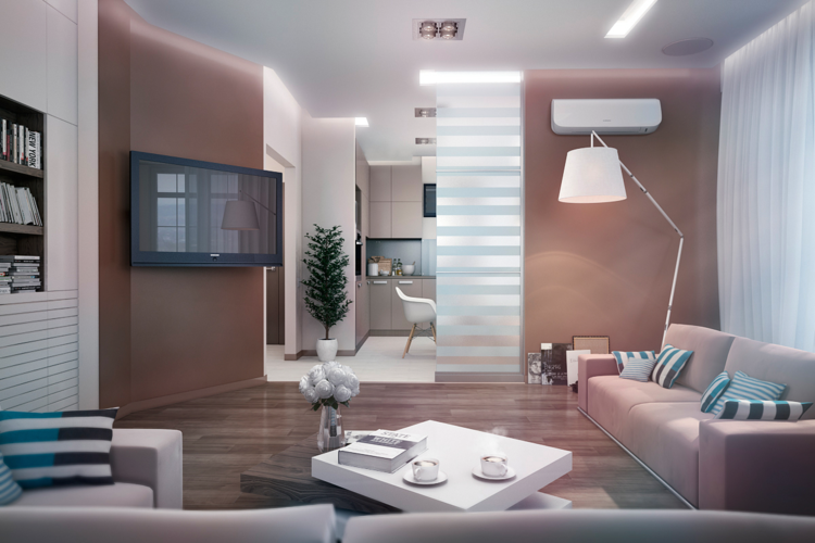 sala de estar moderna com parede marrom-avermelhada sofá bege branco mesa de centro