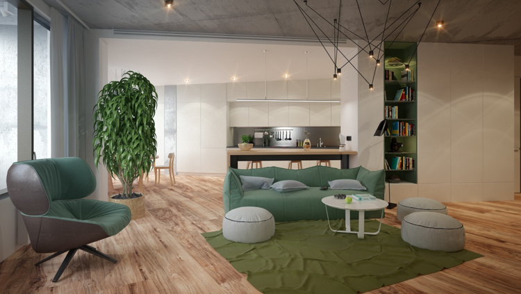 sala de estar moderna tapete verde sofá planta poltrona banquinho prateleira embutida