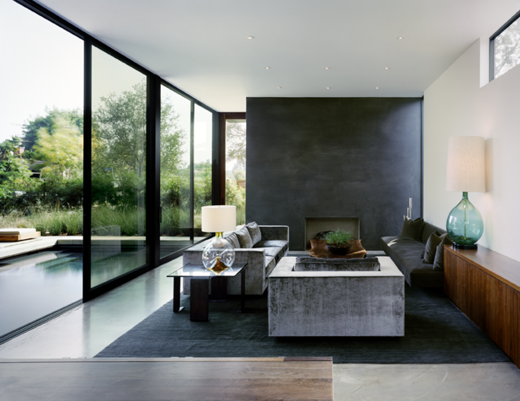 ideia de design de sala de estar moderna sofá preto monocromático