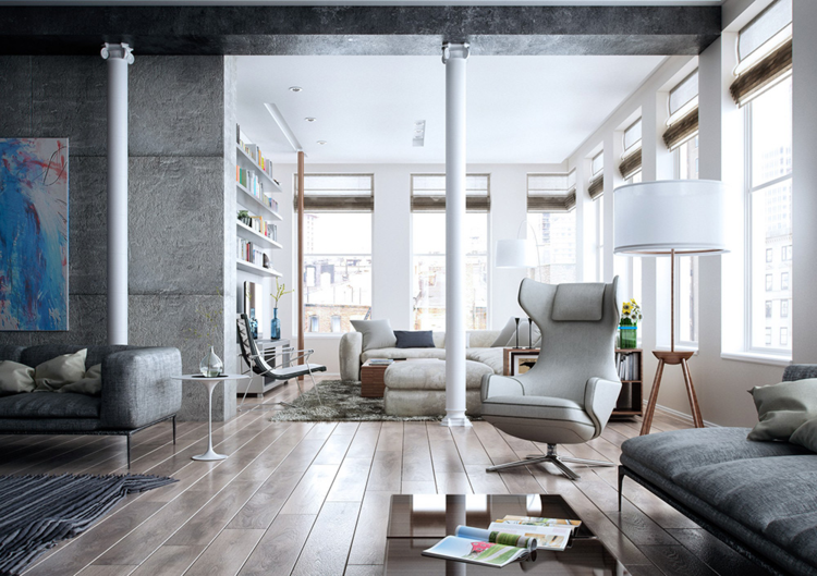 sala de estar móveis brancos modernos poltronas pilares área de estar em parquet