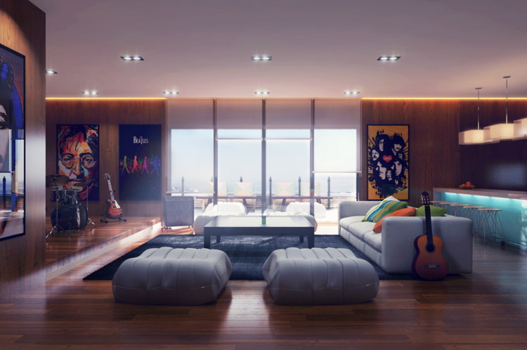 sala de estar moderno piso em parquet banquinho conforto cozinha iluminação fotos