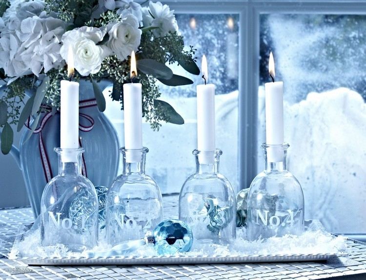 Coroa do Advento moderno para você mesmo-funil-garrafas-de-vidro-numeradas-cores-de-inverno-branco-azul-cinza