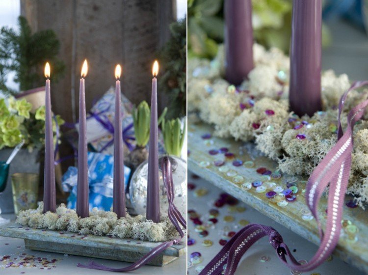 moderno-advento-coroa-alongada-púrpura-pedra-branca-musgo-lantejoulas-velas-fitas