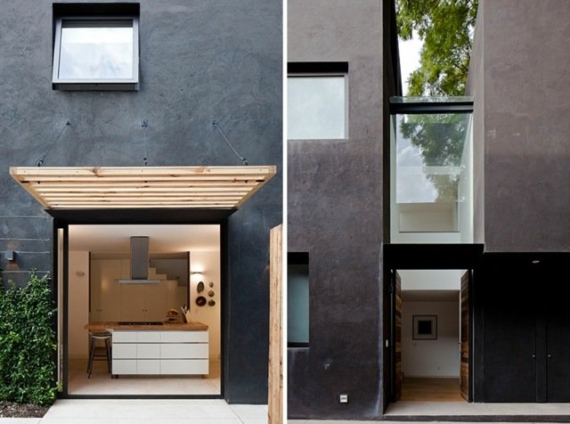 Parede de vidro do corredor, fachada minimalista moderna ilha da cozinha