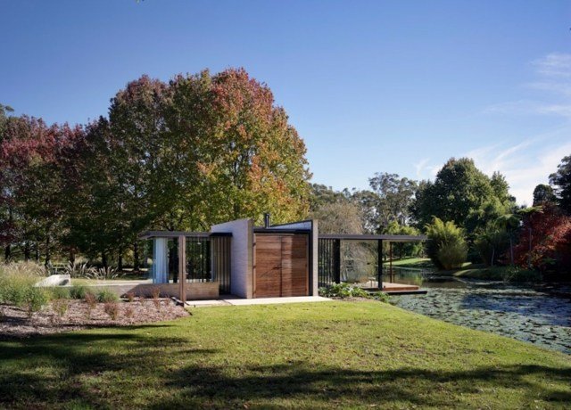 Parede de concreto, fachada de vidro, casa de campo, arquitetura moderna