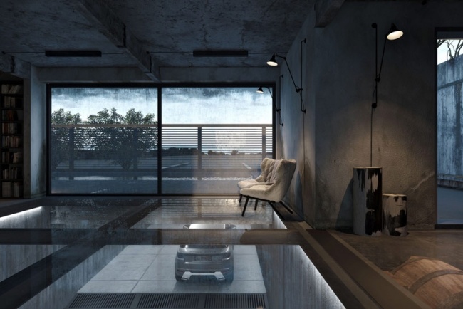 visualização de casa moderna vista de garagem com piso de vidro