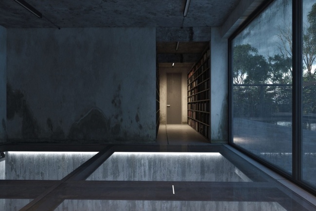 visualização de piso de vidro com paredes de concreto aparente em casa moderna