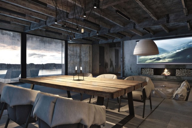 sala de estar aberta mesa de jantar de madeira terraço com parede de vidro