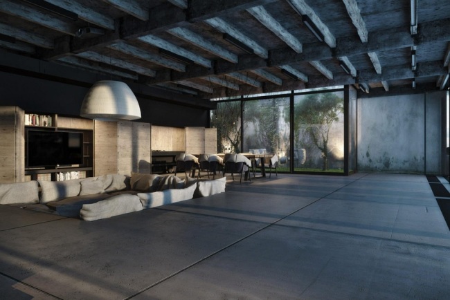 casa moderna lajes de concreto aparente sala de estar pátio