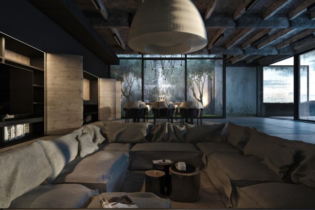 casa moderna de concreto, sala de estar de vidro, móveis cinza