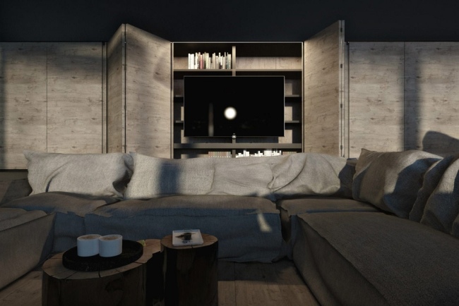 visualização de casa concreto aparente de madeira sala de estar tv gabinete