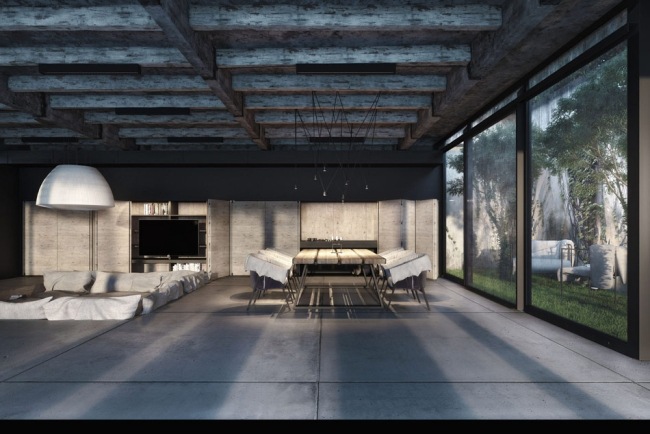 visualização de casa placas de piso igor sirotov sala de jantar parede de vidro