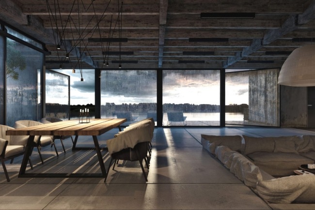 casa moderna, concreto aparente, sala de jantar luzes pendentes vista para o mar