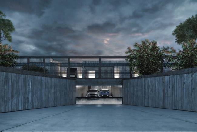 visualização de casa moderna garagem de concreto exposto dois carros