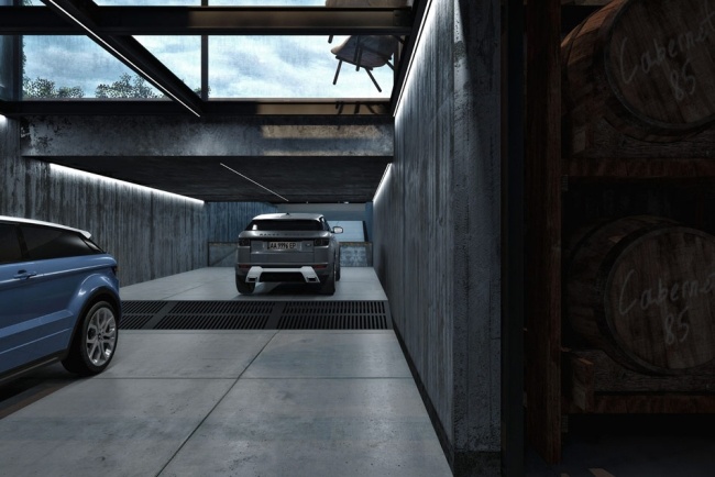 visualização de garagem de concreto aparente em casa moderna