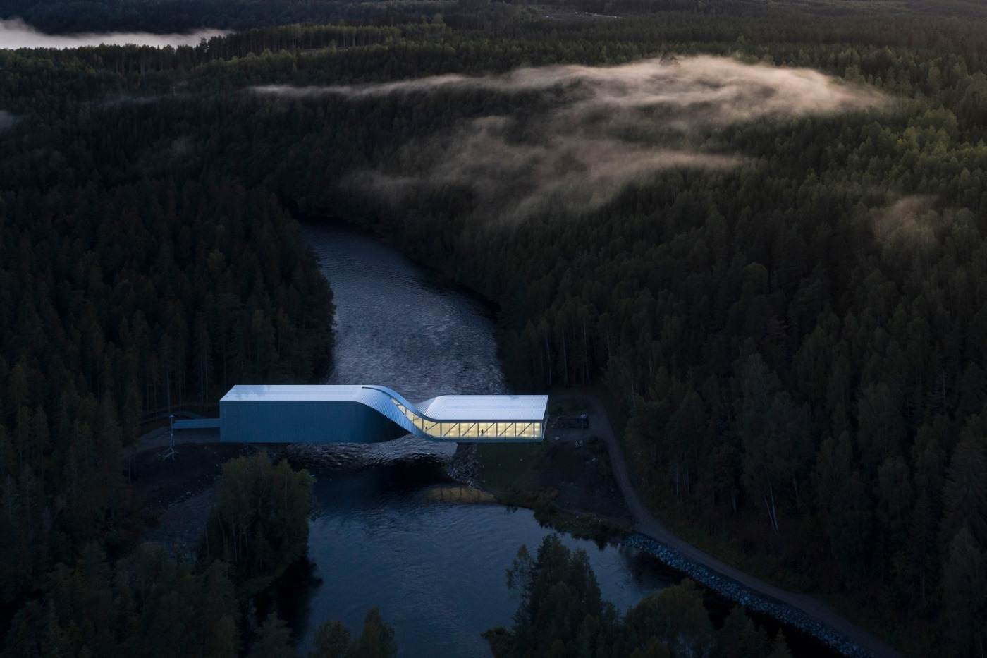o museu moderno para exposição de arte em valsa norueguesa como uma ponte sobre o rio