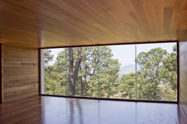 janela panorâmica floresta de pinheiros piso de tábua de madeira no teto