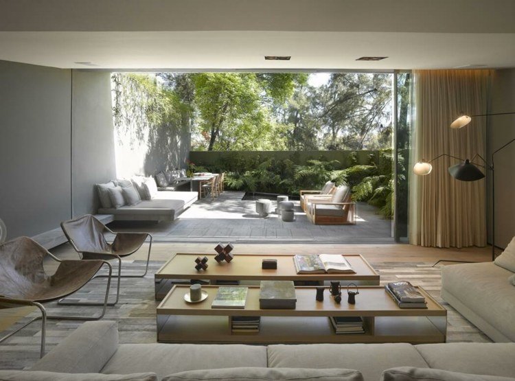 interior monocromático em cinza sala de estar, mesa de centro e terraço