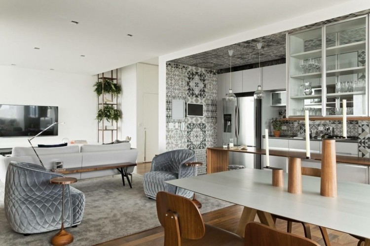 cozinha monocromática - padrão de azulejos abertos - área de estar moderna