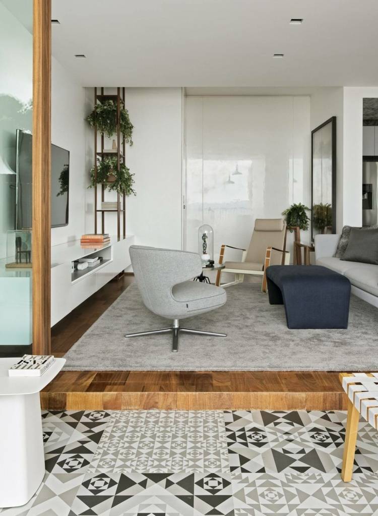 monocromático-cozinha-piso-ladrilhos-carpete-cinza-claro-azul-mesa de centro