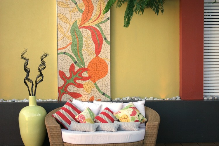 Mosaico-jardim-parede-concreto-embelezar-idéias-design moderno