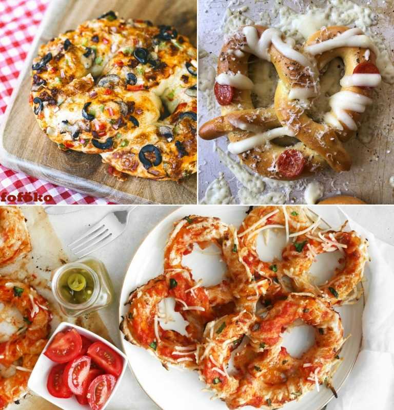 Asse pretzels e cubra-os como uma pizza com quaisquer ingredientes, como azeitonas ou pimentões