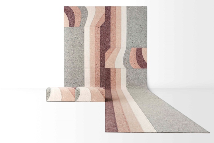 Tapete feito de tiras de feltro de diferentes cores com aspecto de pedra