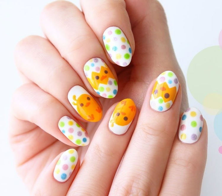 Nail Design galeria de imagens easter-chick-dot-pattern-glitter-colorful-colors-white