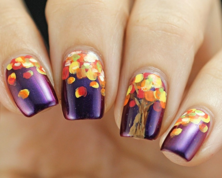 nail-design-picture-gallery-autumn-leaves-tree-colorful-leaves-crimson-lilac