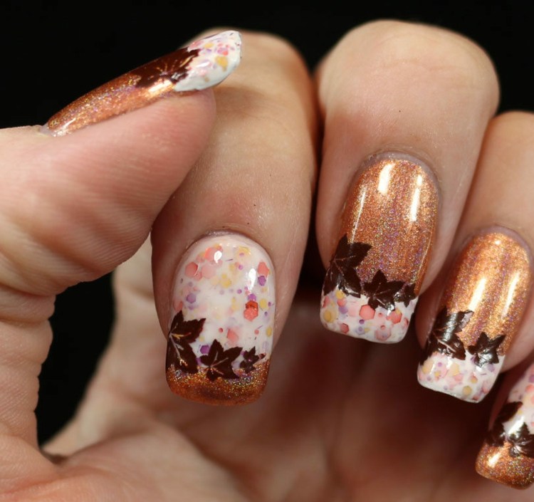 nail-design-picture-gallery-francês-outono-folhas-cobre-glitter