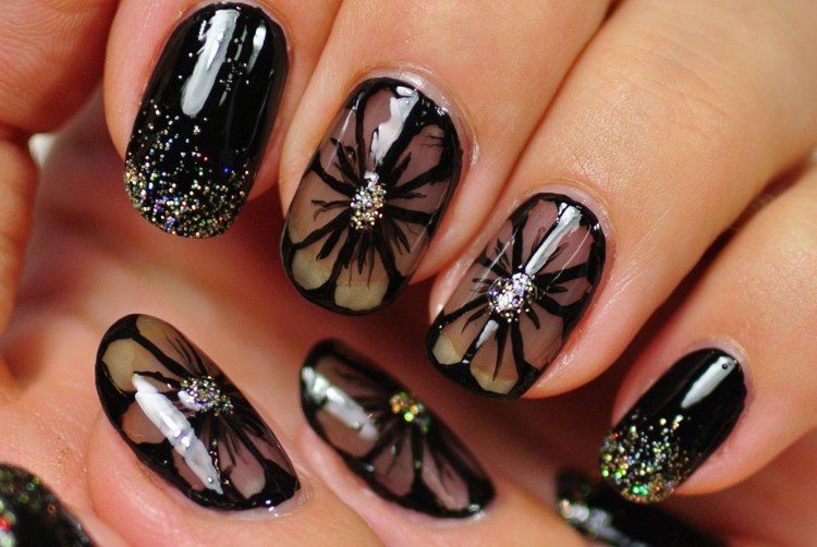 design de unhas em flor preta glitter ideia DIY