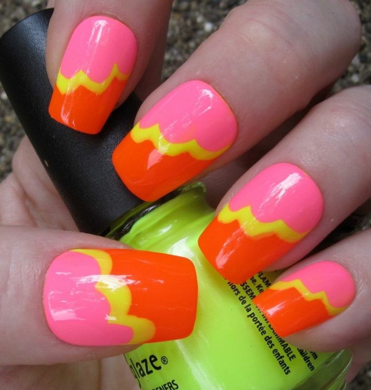 motivos de design de unhas laranja rosa amarelo onda design de verão