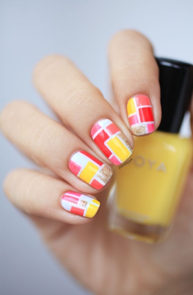 desenho de unhas motivos-verão-geométrico-amarelo-salmão-branco