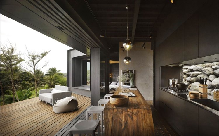 exterior-cozinha-moderna-soalho de madeira-lounge-paisagem-exótica