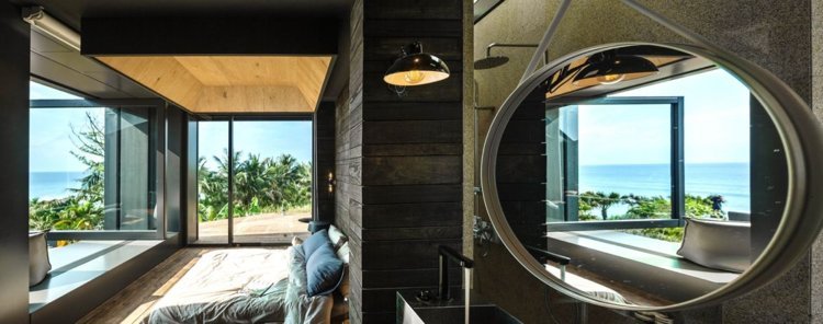 pedras naturais-pedregulhos-moderno-quarto-escuro-terraço-portas-janela panorâmica