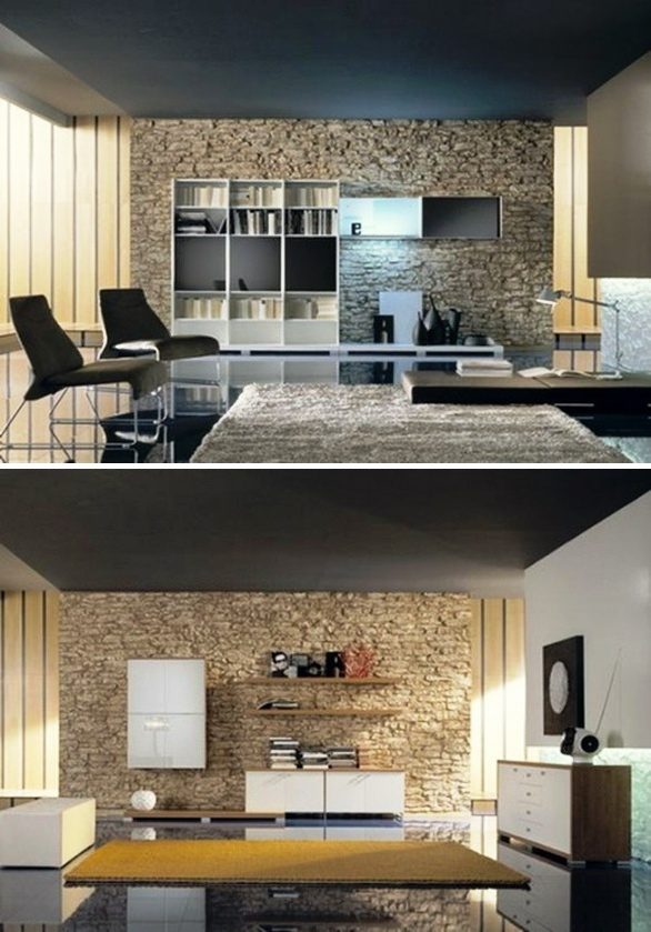 Parede de pedra natural na sala de estar com combinação de móveis modernos